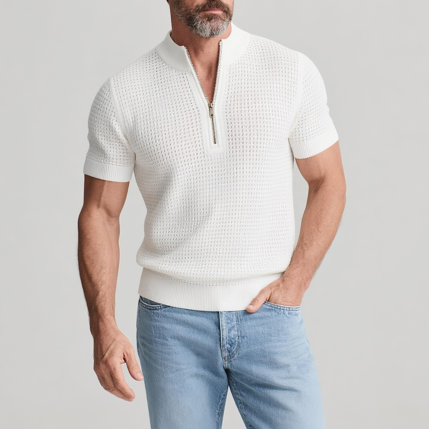 Men's Stand Collar Half Zip Short Sleeve Hollow Knitted Shirt