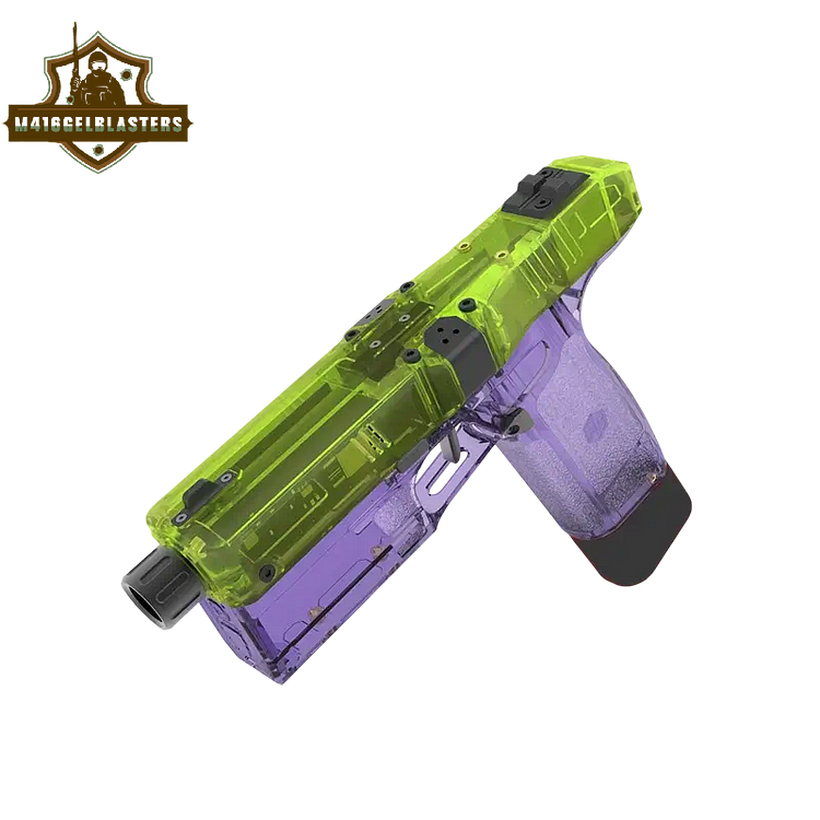 Clear accessory design combining purple and green tones for a unique, contemporary look.