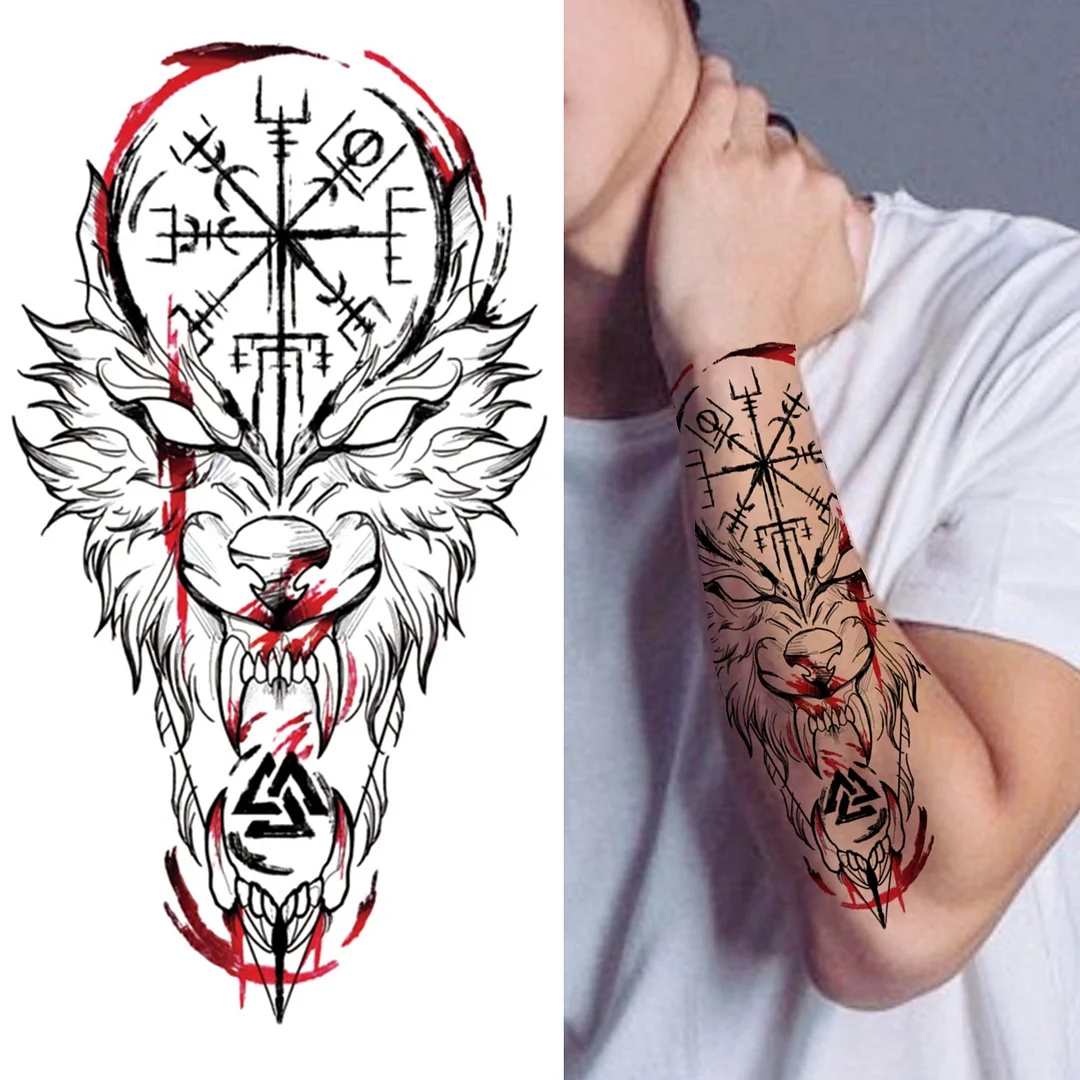 Forest Tiger Temporary Tattoos For Men Women Kids Lion Skull Cross Tattoo Sticker Black Compass Skeleton Tatoos Leg Thigh 530-1