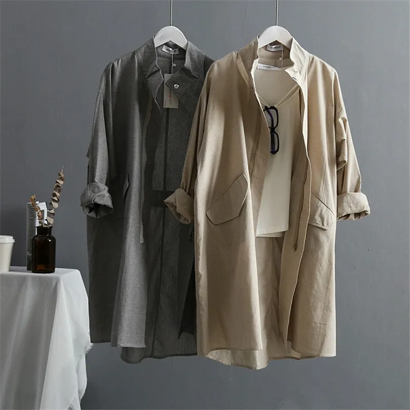 Summer Cotton Linen Women's Trench Coat 2021 New Korean Version Long Sleeved Large Plus Size Loose Women Trenchs Coats