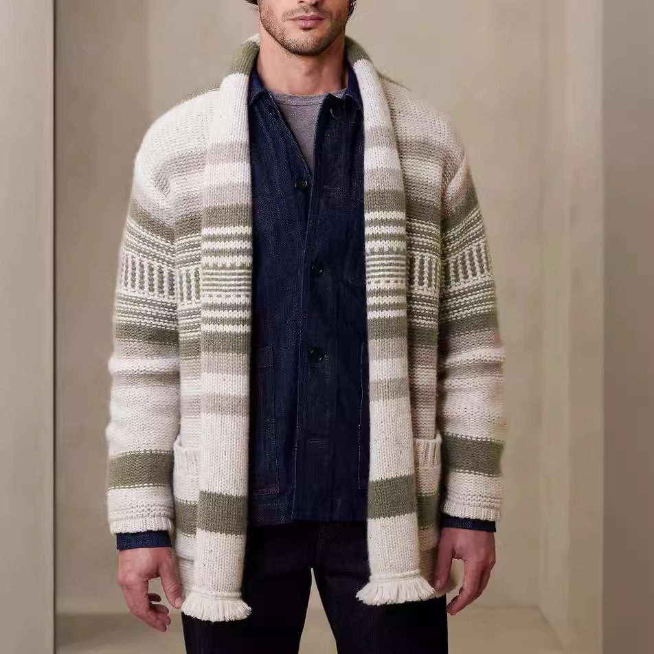 Men's Lapel Striped Knitted Cardigan