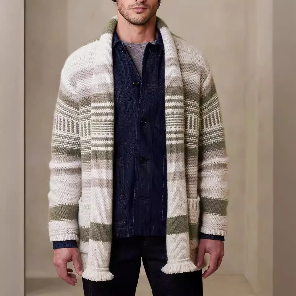 Men's Lapel Striped Knitted Cardigan