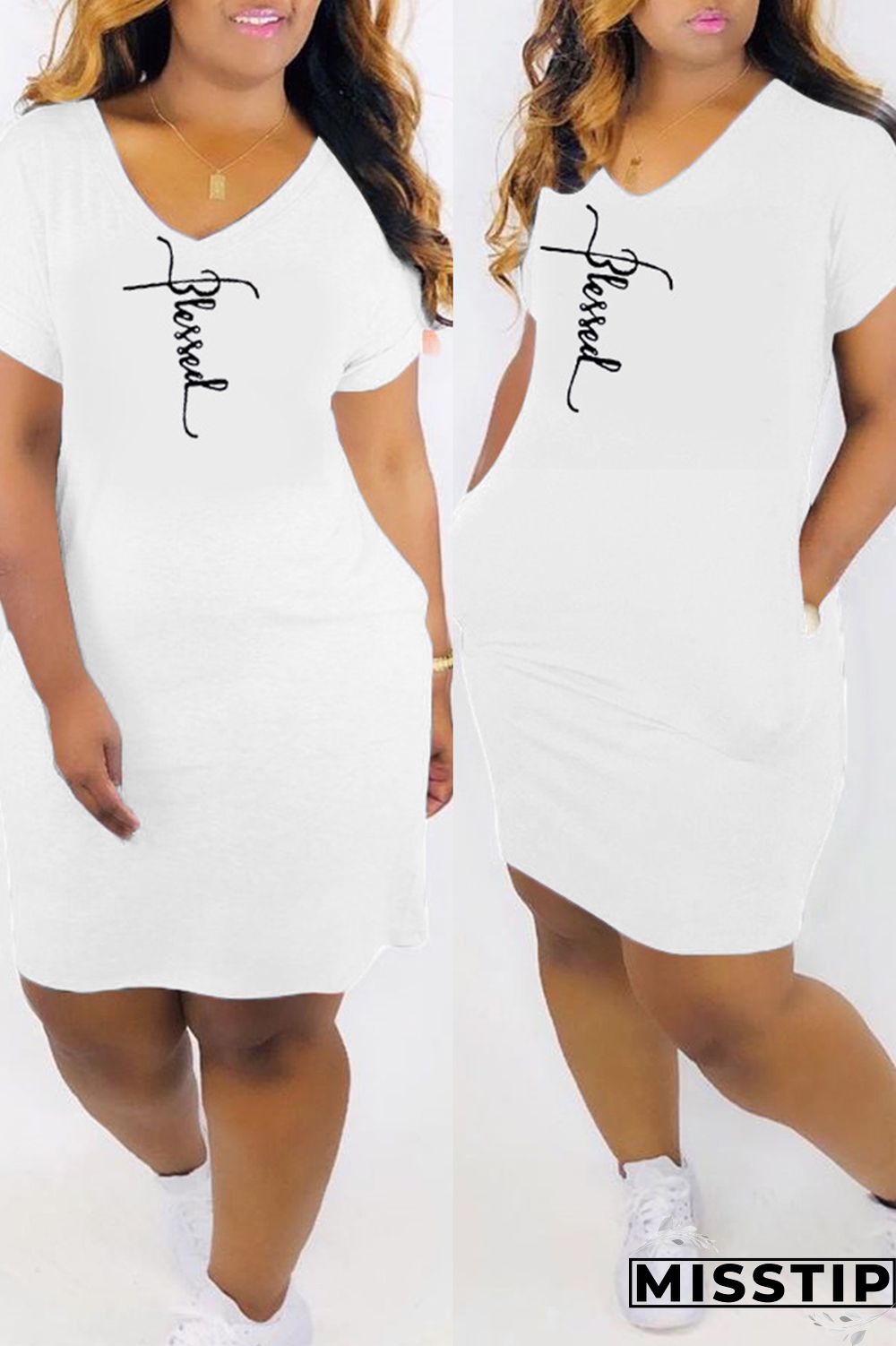 White Fashion Casual Print Basic V Neck Short Sleeve Dress