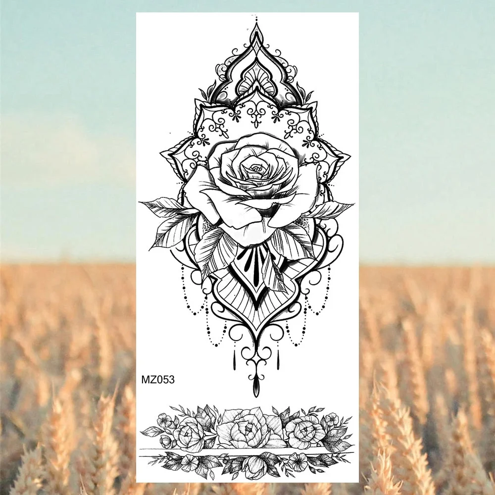 Black Lotus Pendant Temporary Tattoos For Women Adult Rose Flower Jewelry Fake Tattoo Fashion Calf Waterproof Half Sleeve Tatoos