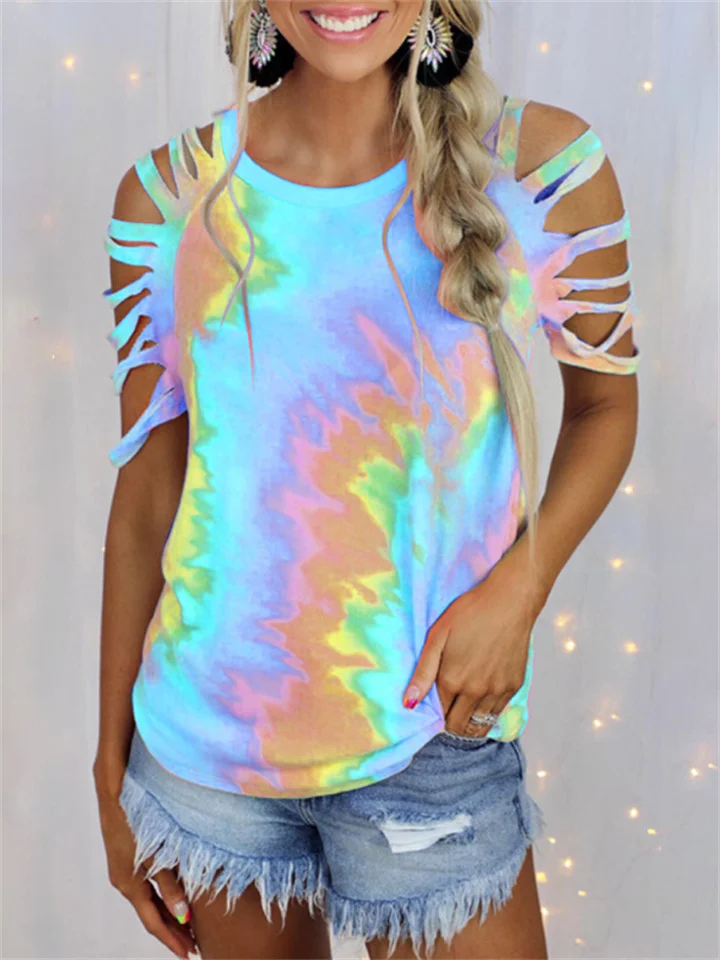 Summer New Round Neck Women's Tie-dye Print Short-sleeved Strapless Sexy Casual Pullover T-shirt Loose Type Top-Cosfine