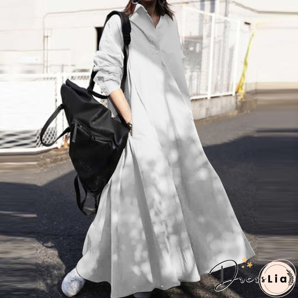 Women Turn-down Collar Long Sleeve Shirt Dress Loose Plain Maxi Blouse Dresses