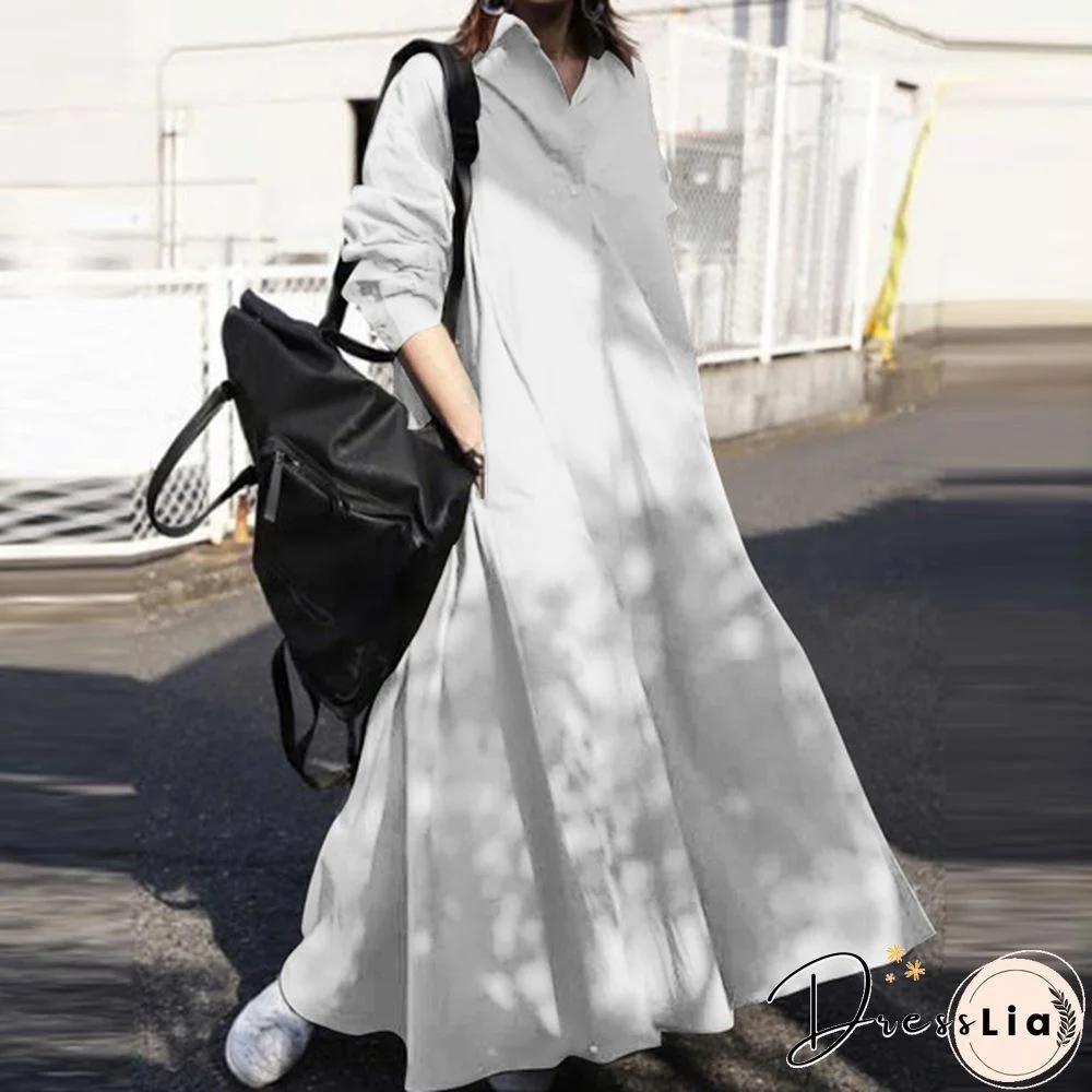 Women Turn-down Collar Long Sleeve Shirt Dress Loose Plain Maxi Blouse Dresses
