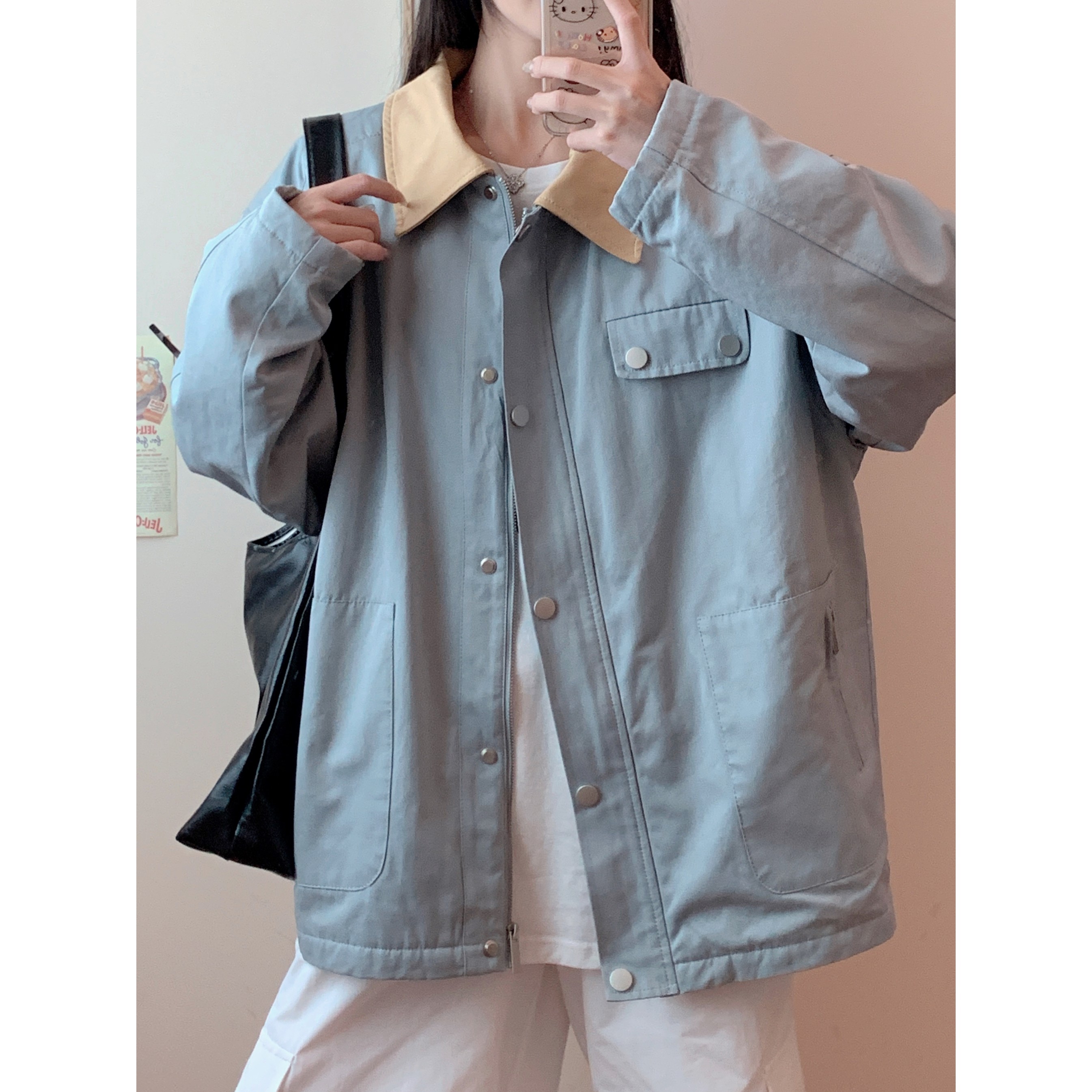 Parigaminghub Polo Collar Blue Jacket Women Clothing Autumn New American Solid Color Retro Loose Casual Coats Couple Cargo Jacket Women Top