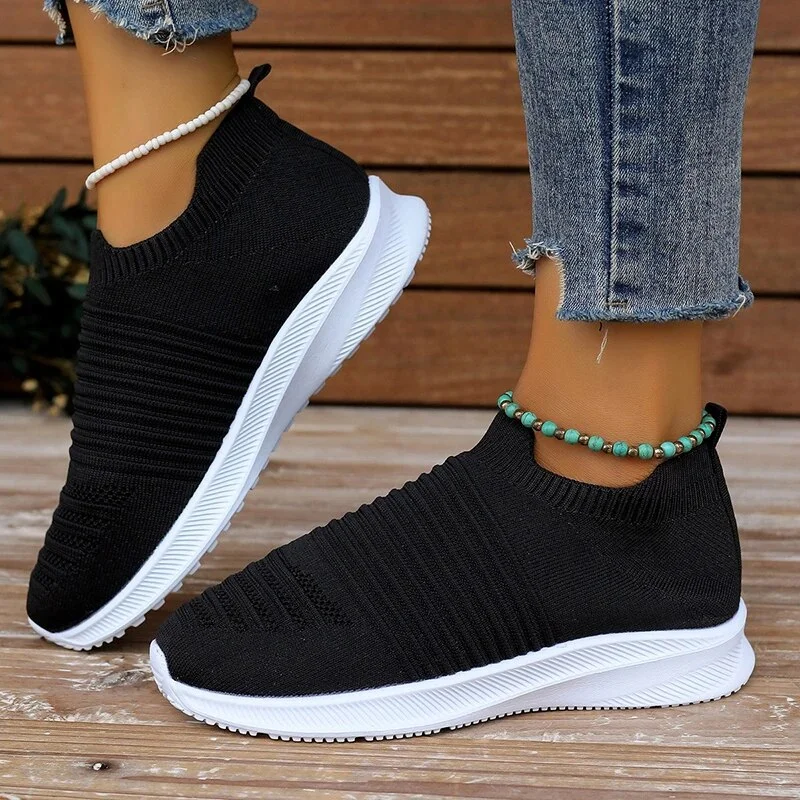 Zhungei Women's Slip On Flats Shoes Plus Size 43 Breathable Knitted Platform Sneakers Women 2024 Spring Soft Bottom Casual Shoes Woman