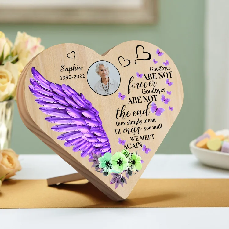 Personalized Memorial Purple Angel Wings Wood Heart Ornament-Custom Heart Wooden Desktop Decoration-Goodbyes Are Not The End