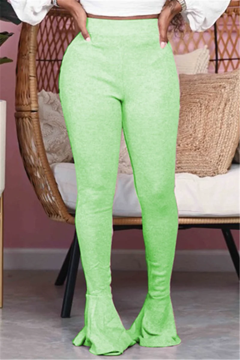 Light Green Fashion Street Adult Solid Flounce Boot Cut Bottoms | EGEMISS