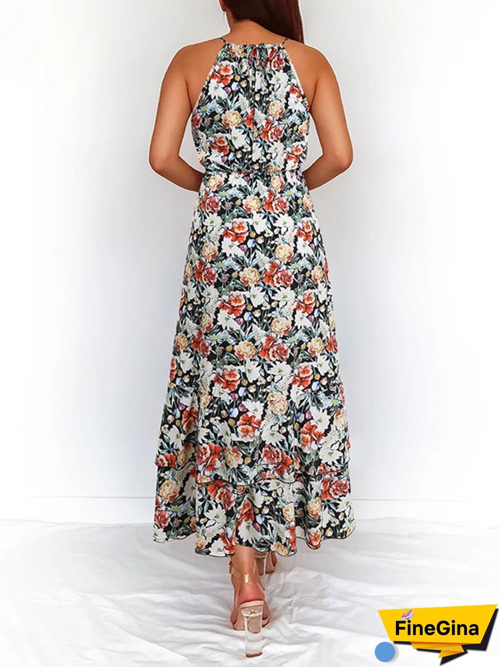 Summer Halterneck Flower Print Maxi Dress P15701