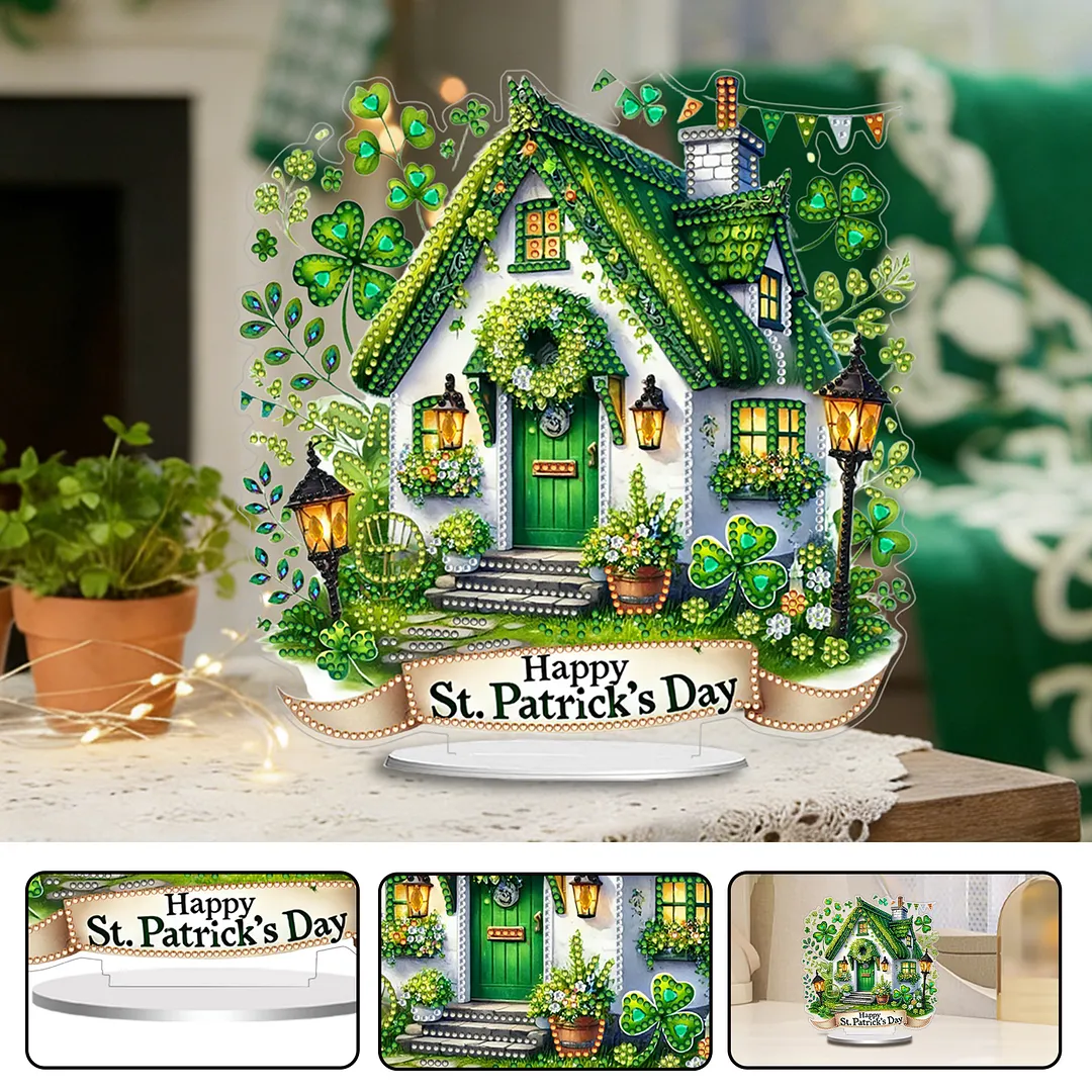 2D Flat DIY St Patricks Day Hut Diamond Painting Tabletop Ornaments Kit Special Shape Crystal Art Craft Decoration Single Side Drill for Living Room Home Office