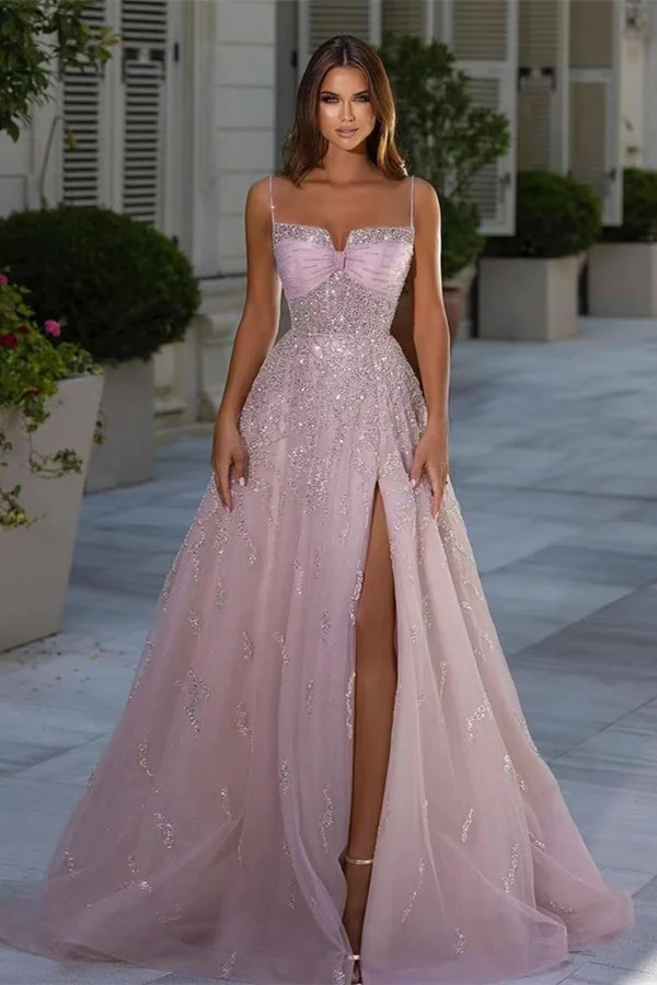 Bellasprom Pink Spaghetti-Straps Prom Dress Sleeveless A-Line Long With Slit Beads