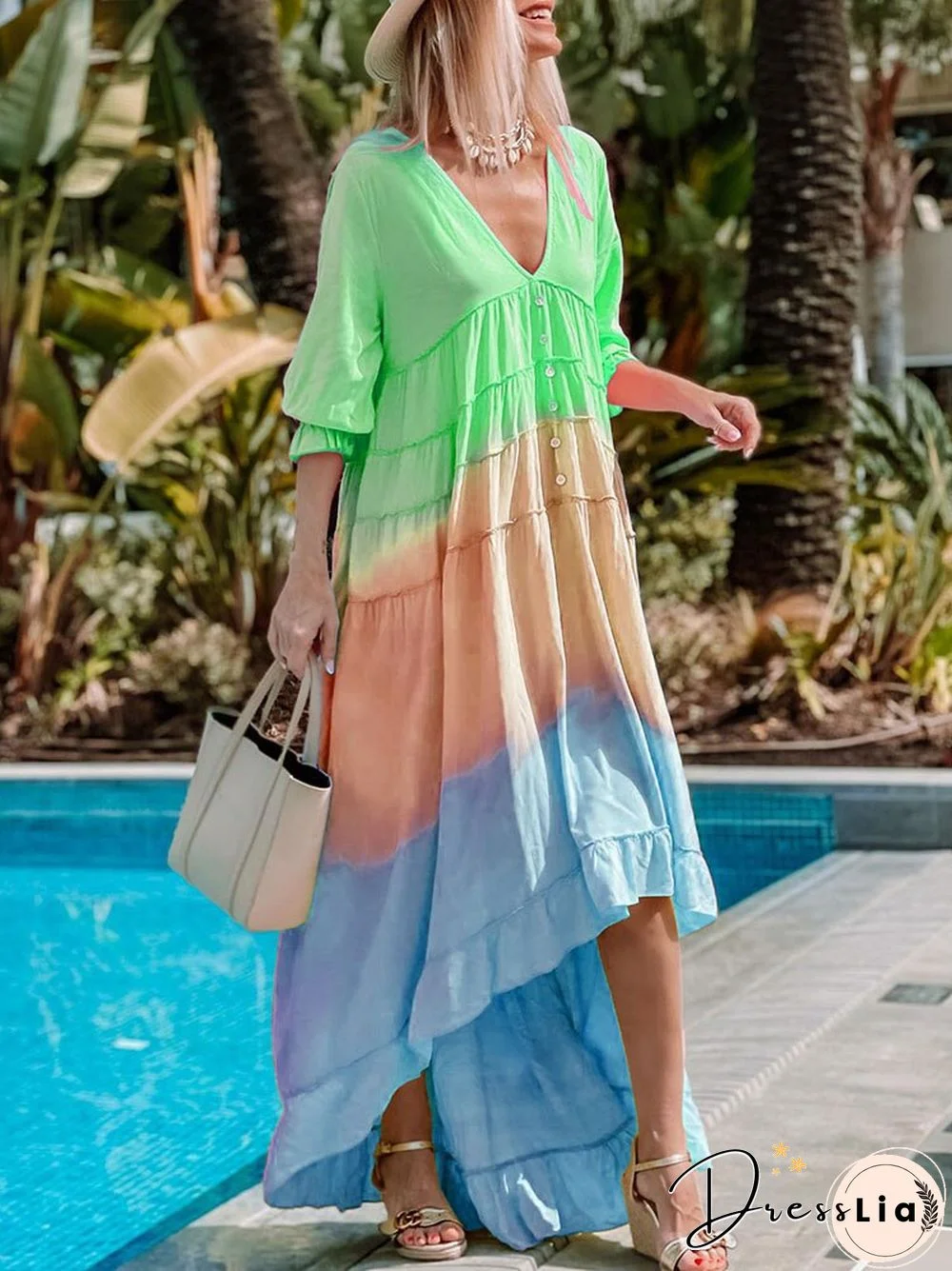 Summer Fashion Rainbow Multicolor Irregular Dress Women Casual Half Sleeve V Neck Button Ruffle Loose Big Hem Beach Dresses