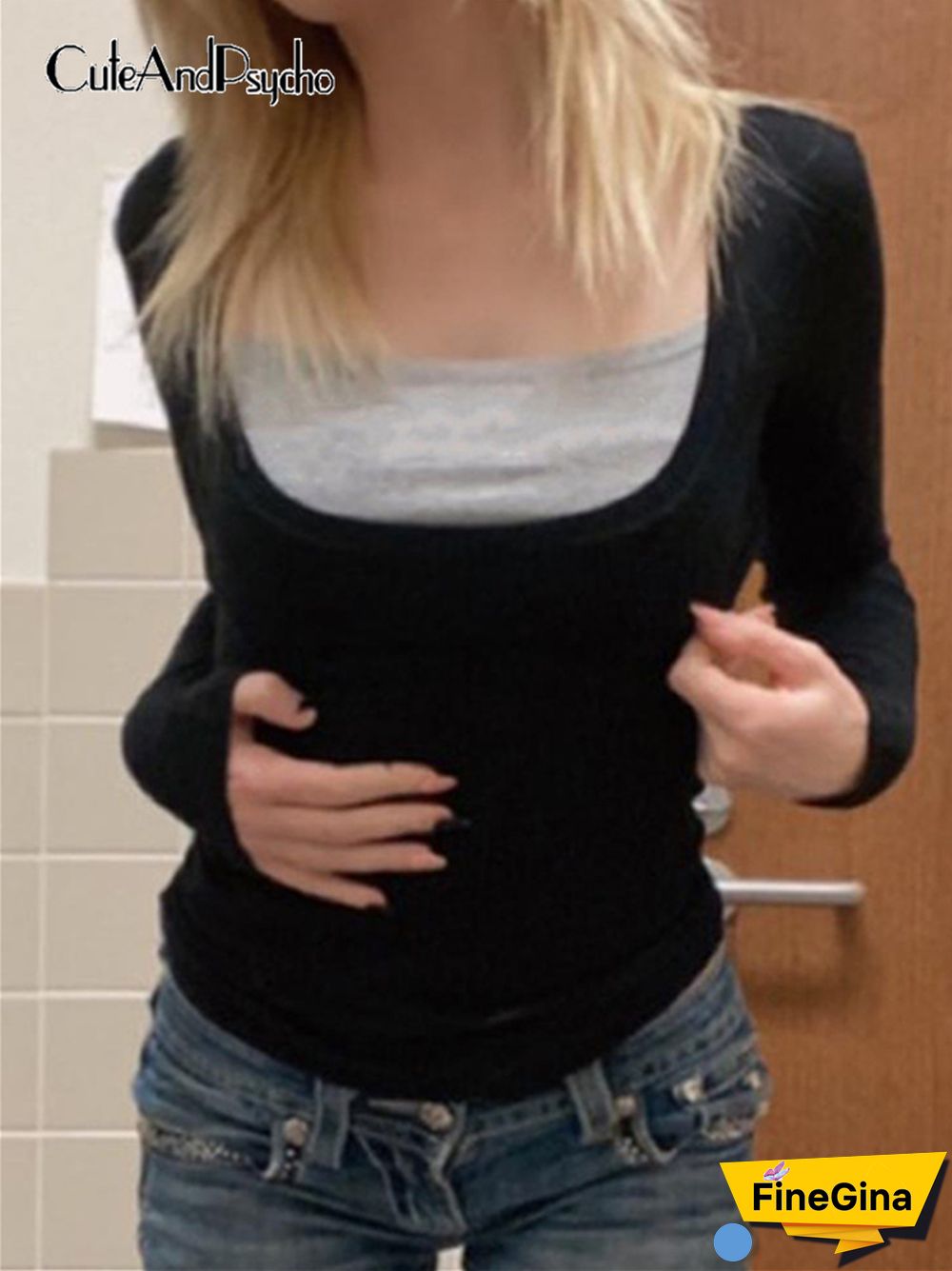 Vintage Patchwork T Shirts Y2K Skinny Aesthetic Black Tee Tops Streetwear Autumn Long Sleeves Tshirts 90S Cuteandpsycho