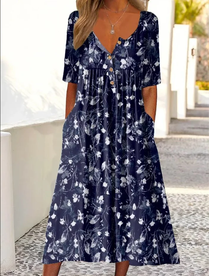 Women Casual Floral Autumn Micro-Elasticity Daily Midi Best Sell H-Line Regular Dress