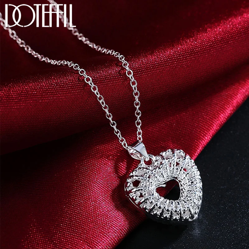 DOTEFFIL 925 Sterling Silver 18 Inch Heart-Shaped Hollow AAA Zircon Pendant Necklace For Women Jewelry