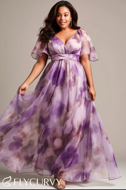 Flycurvy Plus Size Wedding Guest Purple Organza Floral Print Wrap Flutter Sleeve Maxi Dress- Flycurvy Flycurvy Plus Size Wedding Guest Purple Organza Floral Print Wrap Flutter Sleeve Maxi Dress- Flycurvy