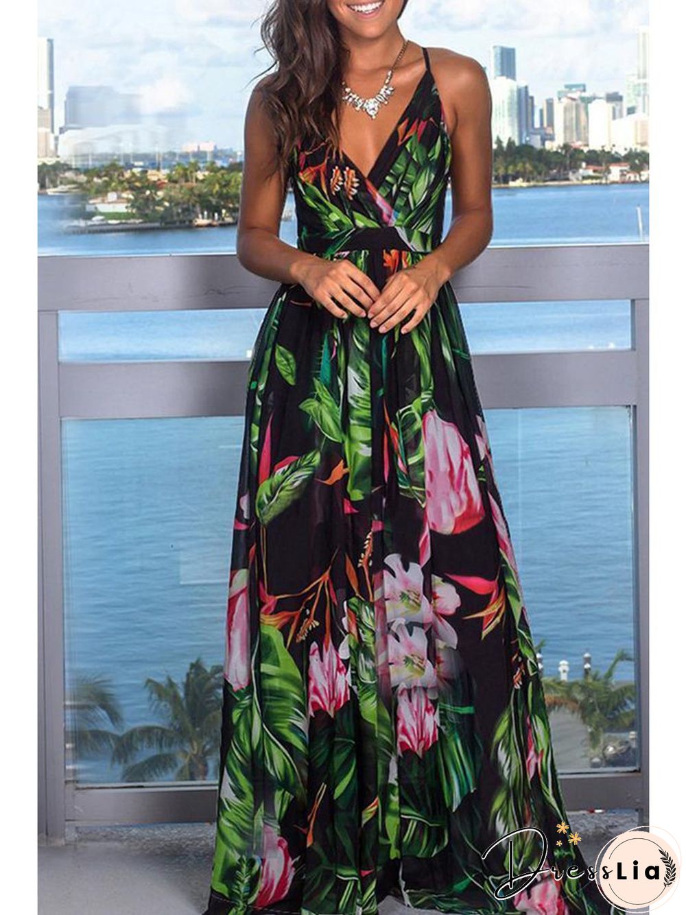 Beach Sling Leak Back Flower Print Maxi Dress P10165