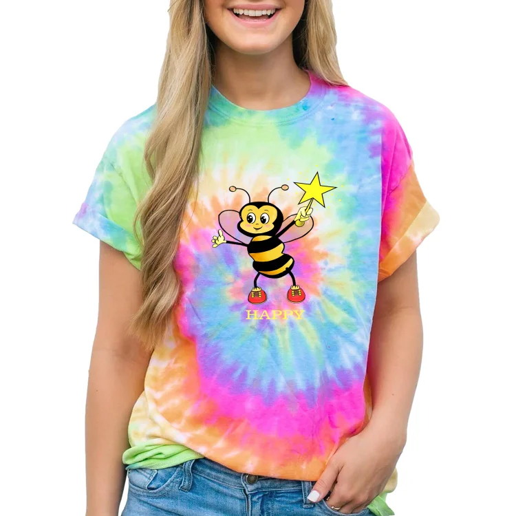 Women and Men Tie Dye Tee Cute Happy Honey Bee With Star On Sky Blue T Shirt - Heather Prints Shirts