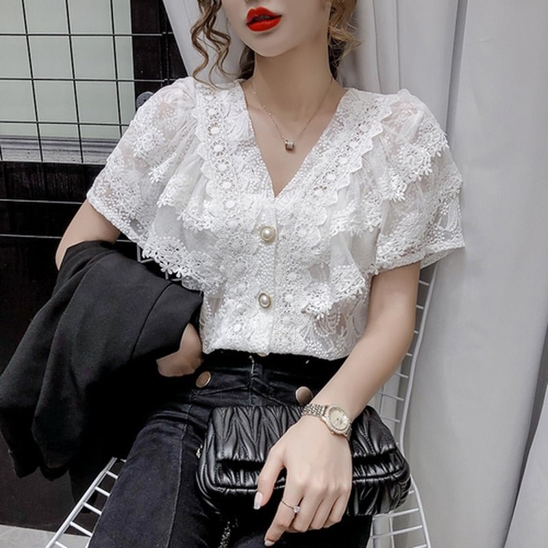 2022 Summer New French Sexy Tops Ruffle Stitching Shirt Female V-neck Hollow Lace Blouse Women Short Sleeve Crochet Blouse 14175