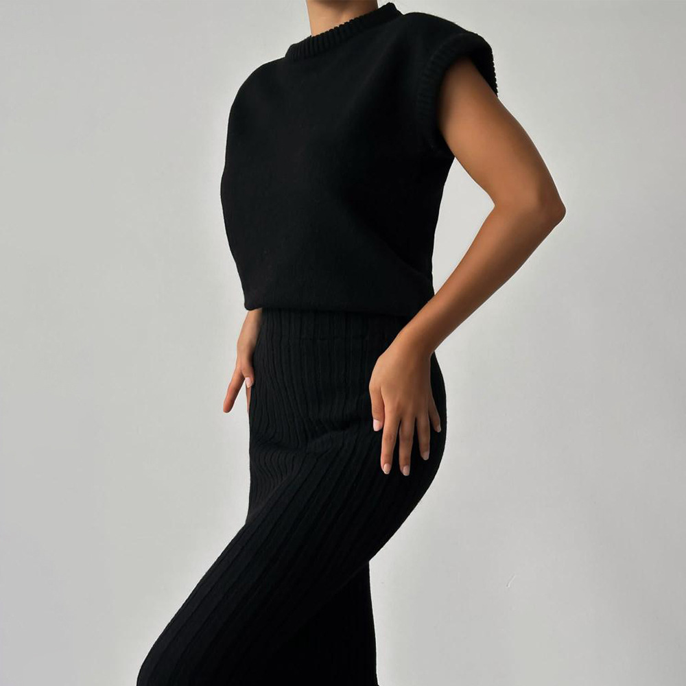 Ootddress Knit Sweater 2 Piece-Set Women Loose Ribbed Sleeveless Pullover And High Waist Long Skirt Outfits Knitwear Women's Sets