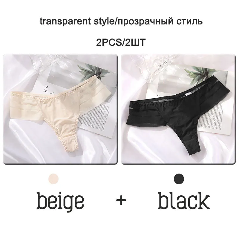 FINETOO 2Pcs/set Sexy Thongs Women Low Waist G-string Panties Fashion Hollow Out Seamless Underwear Perspective Underpants 2021