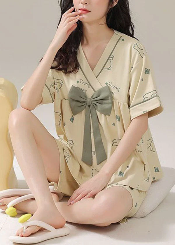 Light Green Bow Patchwork Cotton Pajamas Two Pieces V Neck Summer