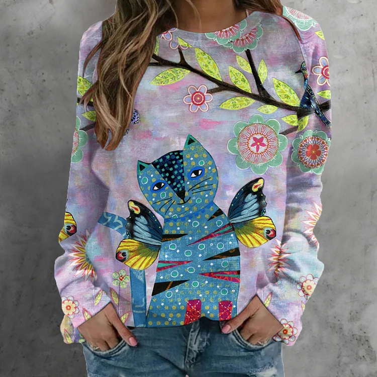 Women's Casual Top Cute Cat Print Crew Neck Long Sleeve T-Shirt