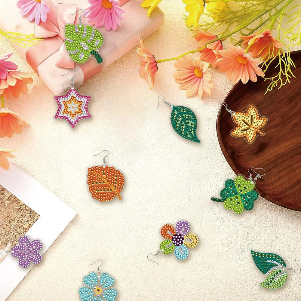 12 Pairs Leaves DIY Diamond Art Earrings Double Sided Diamond Painting Earrings