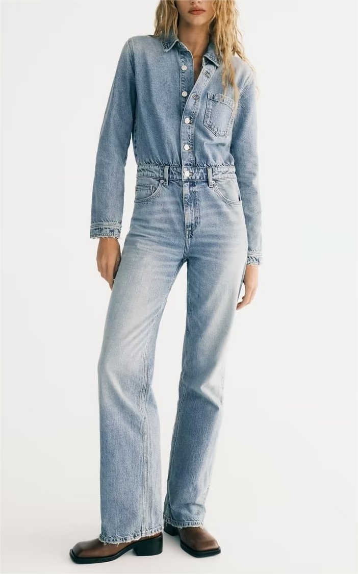 Autumn Long Sleeve Collared Slimming Long Denim Jumpsuit Jeans