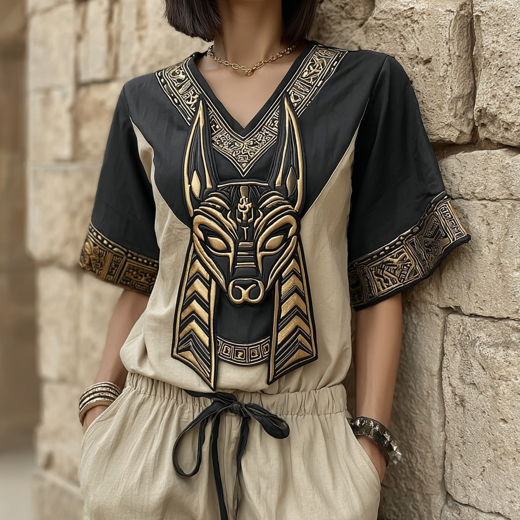 Comstylish Women's Ancient Egyptian Anubis Art V-neck T-shirt