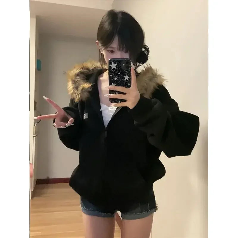 Aiertu Black Zip Up Hoodies Women Vintage Preppy Style Faux Fur Coat Korean Oversized Casual Sweatshirt Harajuku Autumn Winter Aiertu