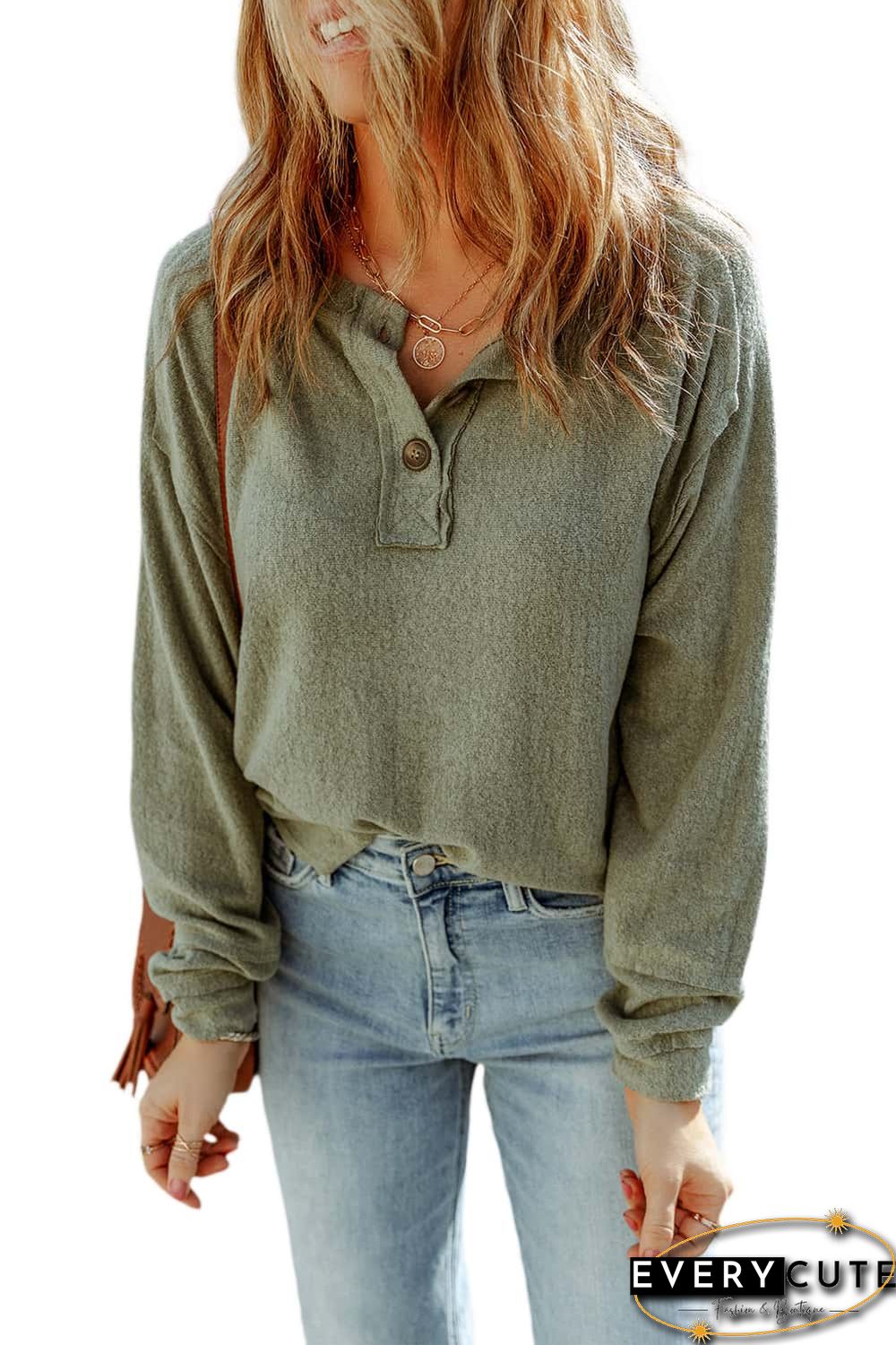 Green Button Split Neck Retro Patchwork Long Sleeve Top