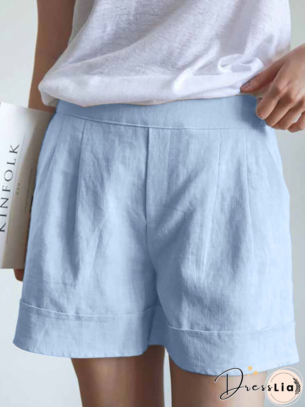 Solid Elastic Waist Pocket Casual Shorts For Women