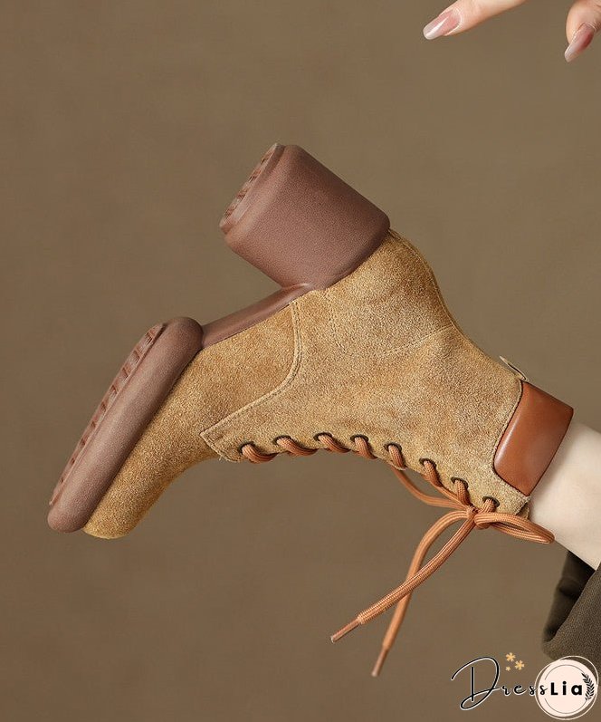 Suede Chunky Heel Boots Apricot Stylish Splicing Lace Up