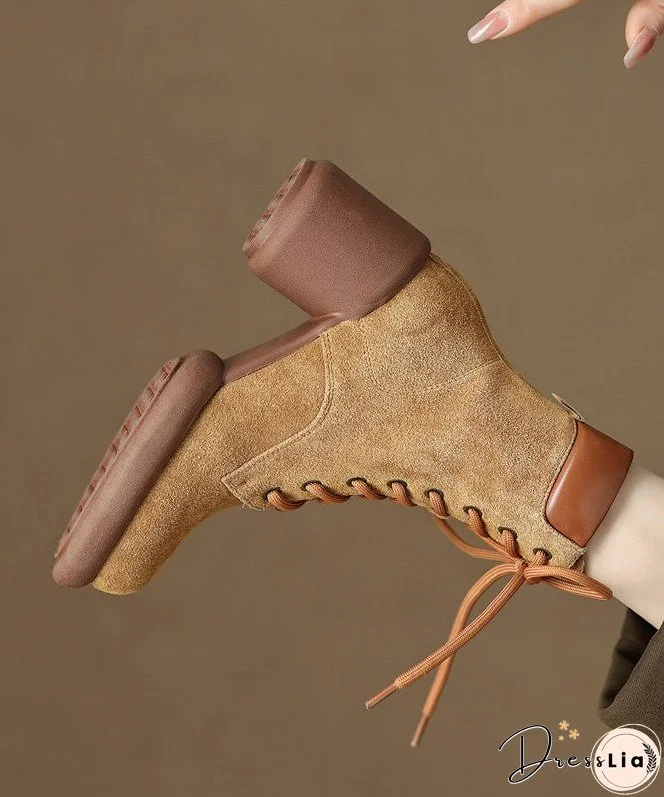 Suede Chunky Heel Boots Apricot Stylish Splicing Lace Up
