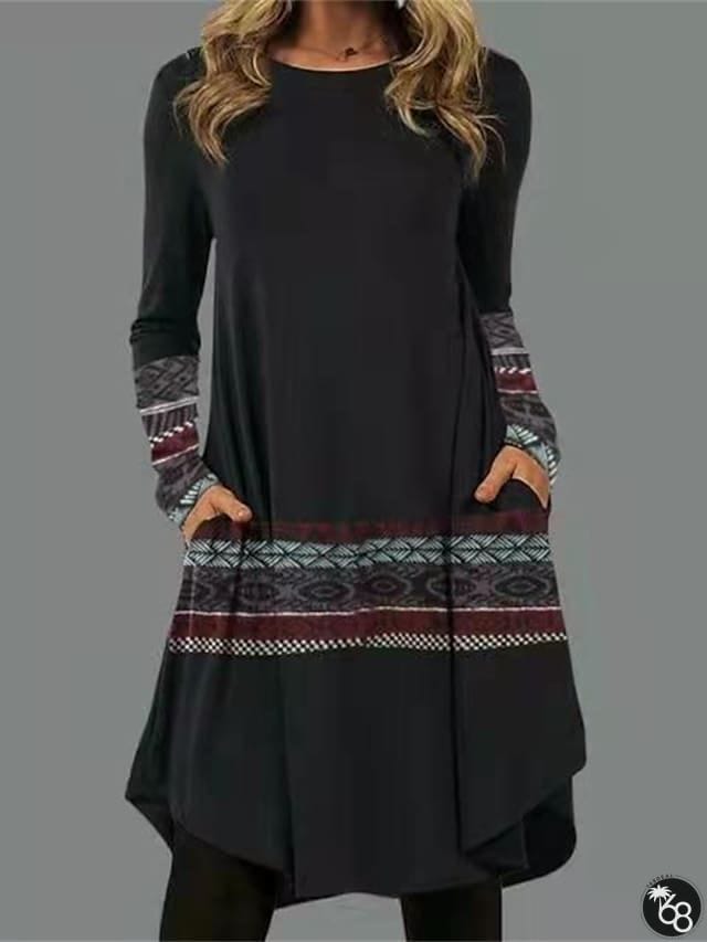 Women's Casual Dress T Shirt Dress Tee Dress Ethnic Dress Mini Dress Black Light Green Pink Long Sleeve Floral Pocket Winter Fall Spring Crew Neck Basic Winter Dress Daily Vacation 2023 S M L XL XXL | 168DEAL