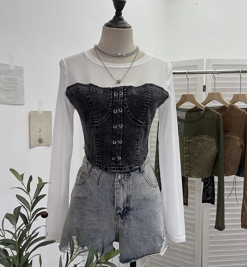 Uveng Real Shooting Denim Splicing Mesh Design Long-Sleeved T-Shirt Wearing Rope Tie Short Repair Body Coat 2638