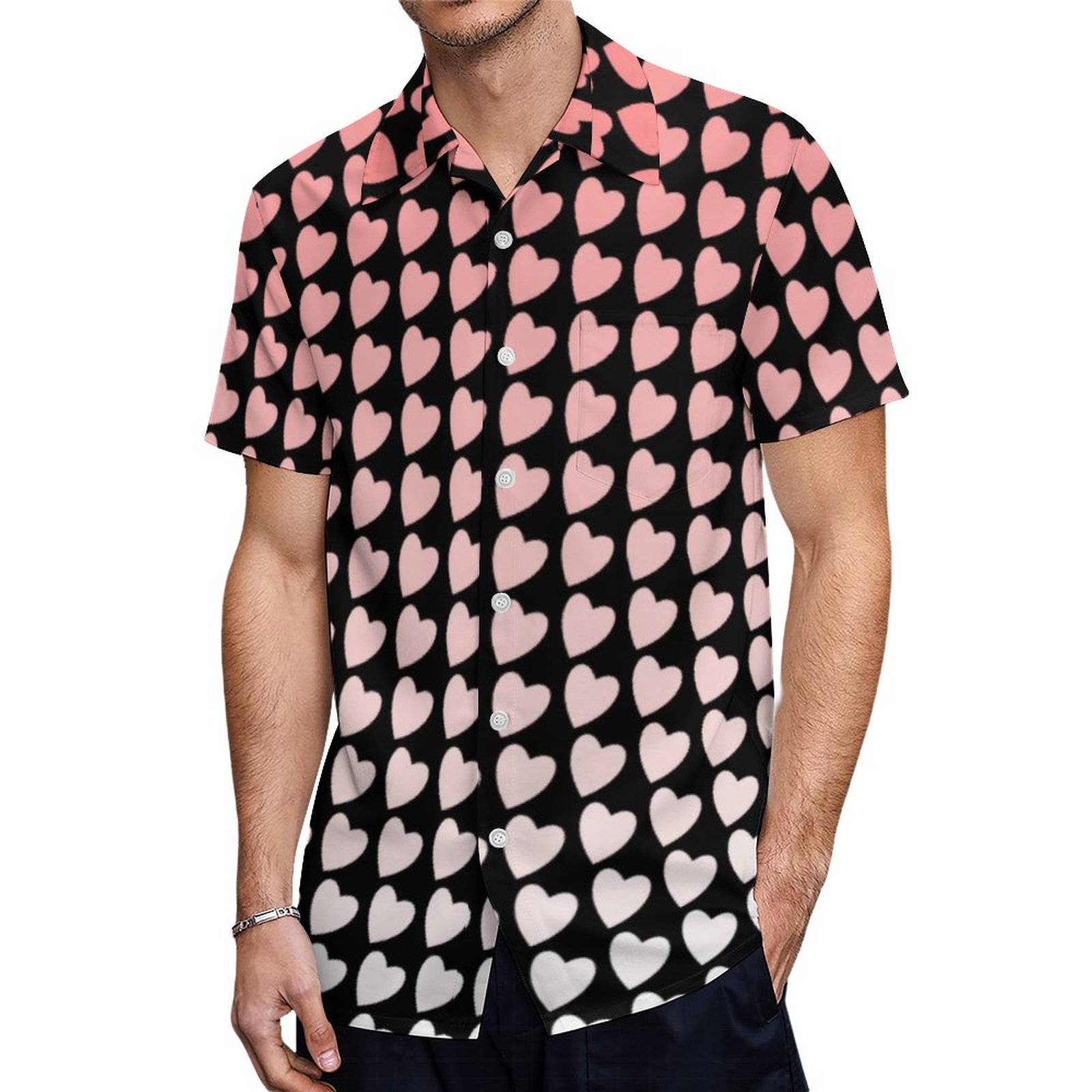 Pink And Black Heart Pattern Gradient Girly Hawaiian Shirt Mens Button Down Tropical Hawaii Beach Shirts