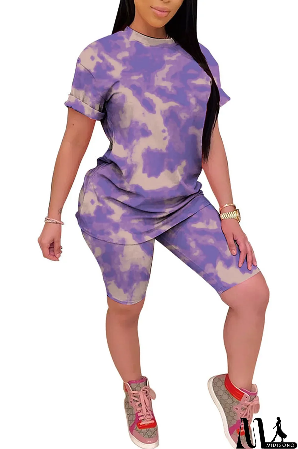 MidiSono - Light yellow Polyester Fashion Casual Print Gradient Two Piece Suits pencil Short Sleeve Two Pieces