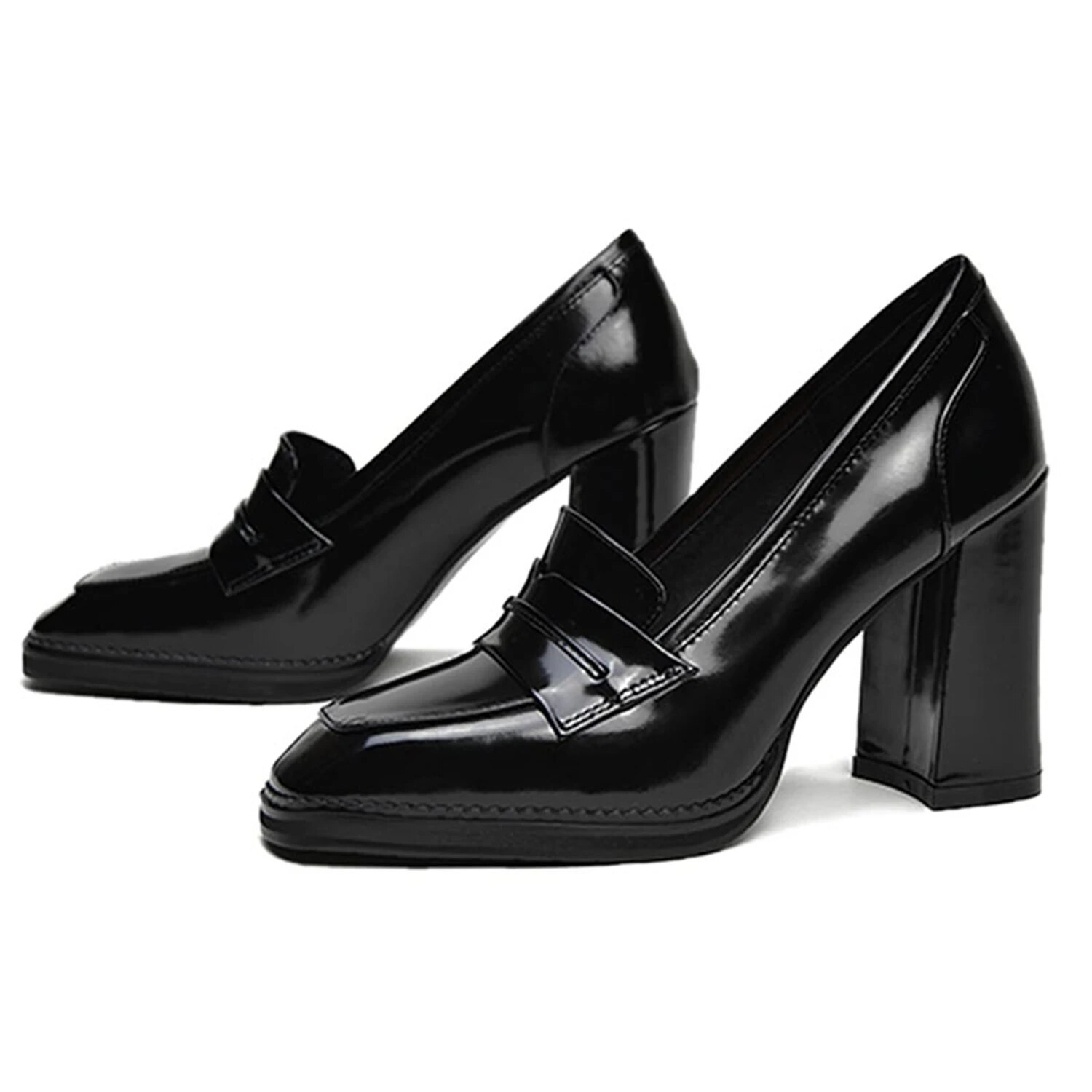 TAAFO Dressy High Block Heels Loafers For Women Patent Leather Classical Square Toe Pumps Wide Width Uniform Goth Oxfords Shoes