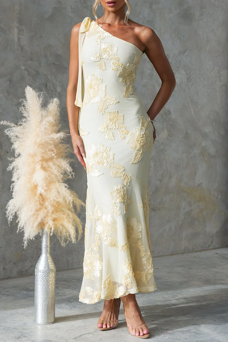 Floral Embroidery Tie Up One Shoulder Fishtail Maxi Dresses-Yellow [Pre Order]