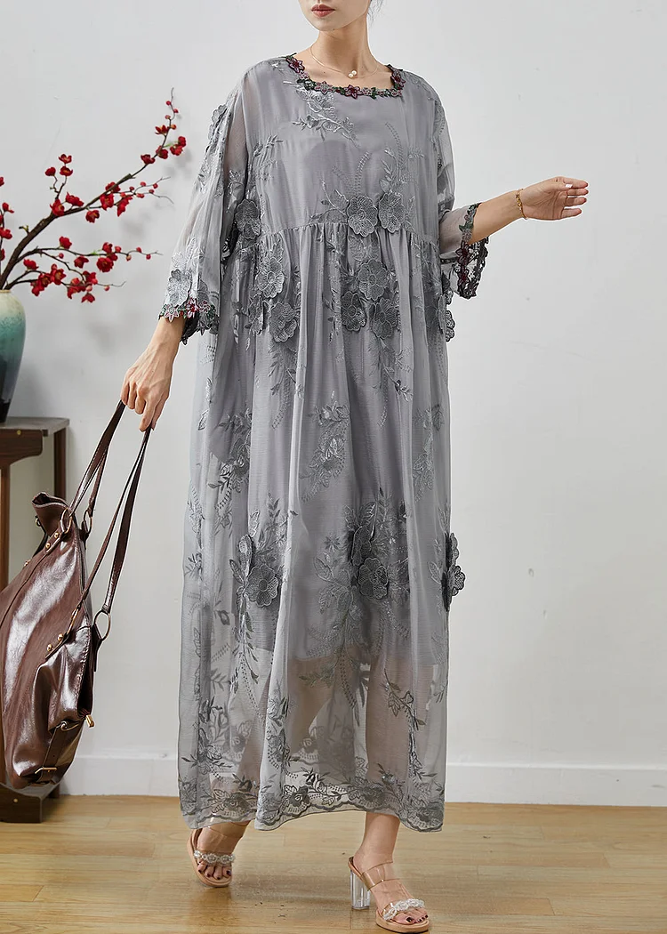 Bohemian Grey Embroidered Floral Silk Party Dress Fall