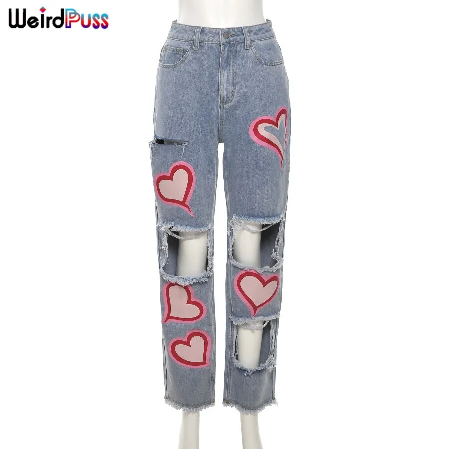Woherb Puss Ripped Women High Waist Jeans Hole Heart Irregular Denim Trousers Summer Streetwear Casual Wild Straight Pants 2021