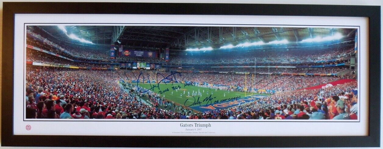 Chris Leak + Urban Meyer Signed Gators 2007 Championship Panoramic Photo Poster painting FRAMED