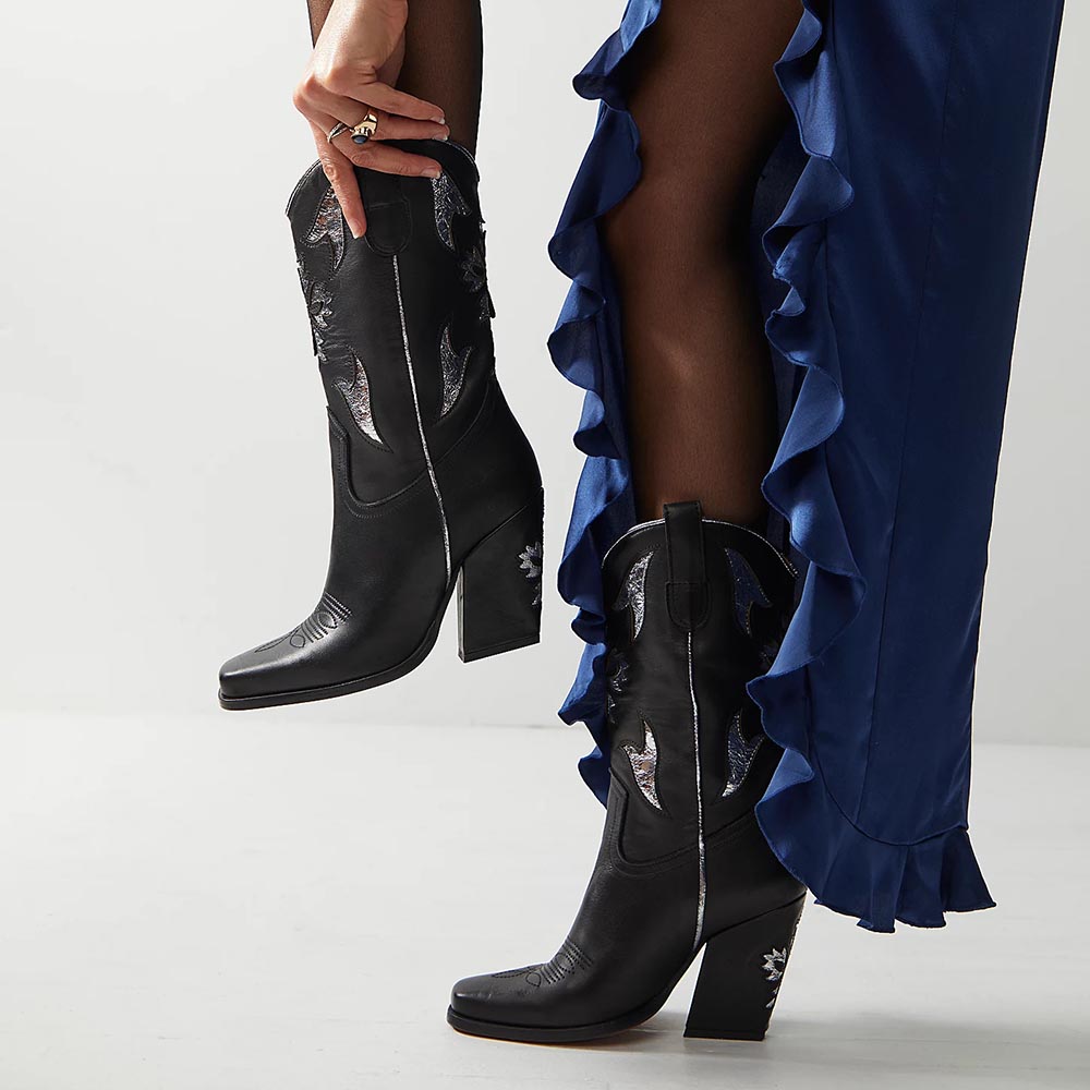 Black Square Toe Silver Embellished Mid-Calf Heeled Cowgirl Boots