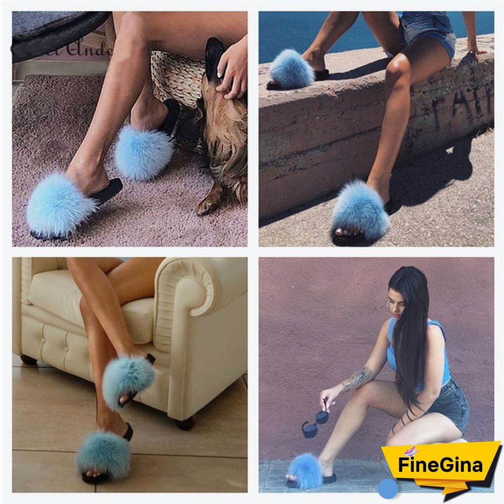 New Hot Fashion Ladies Girls Hairy Slippers Women Fox Fur Slippers Sandals Fluffy Fur Slides Beach Shoes Plus Size
