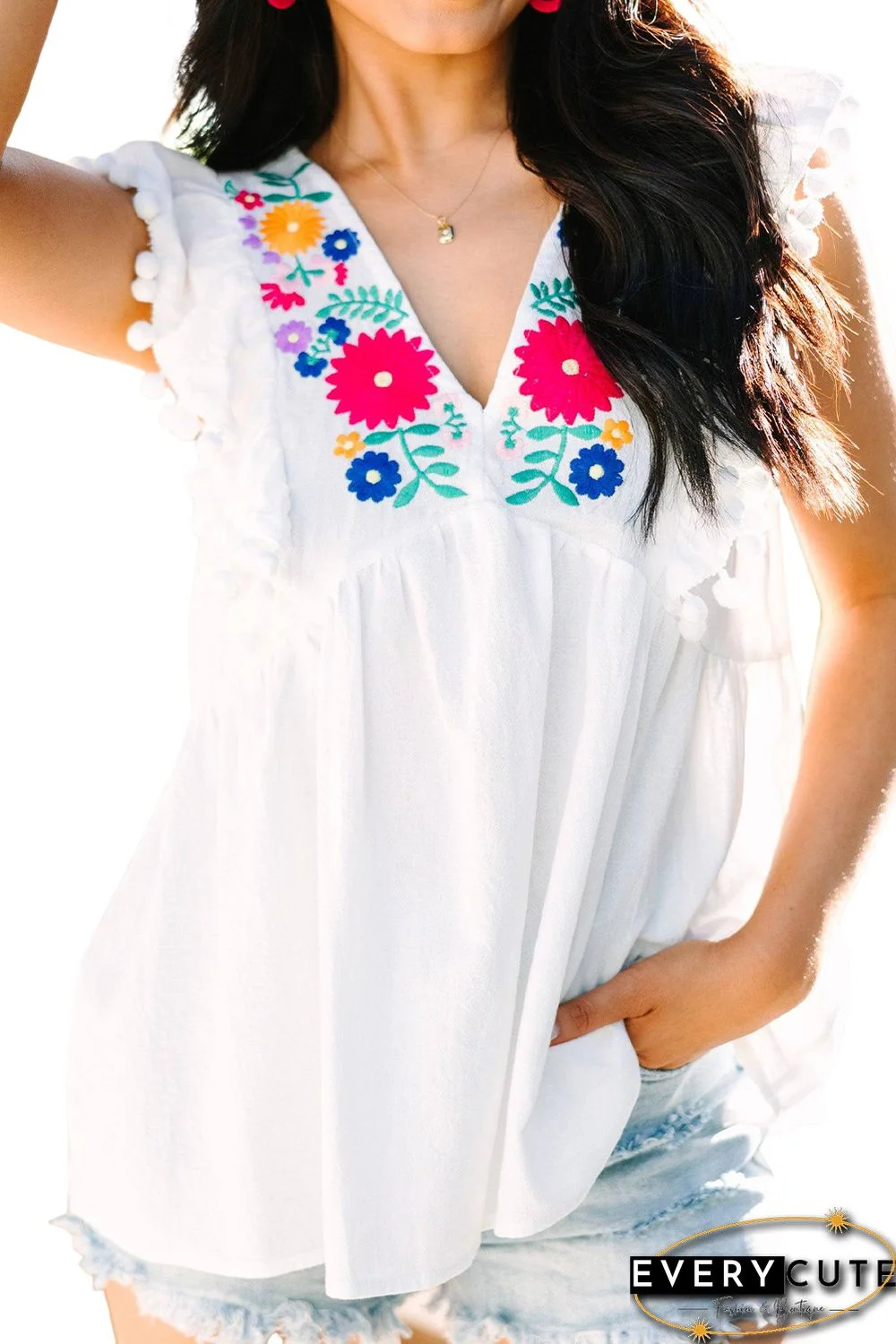 White Floral Embroidered Pompom Flutter Blouse